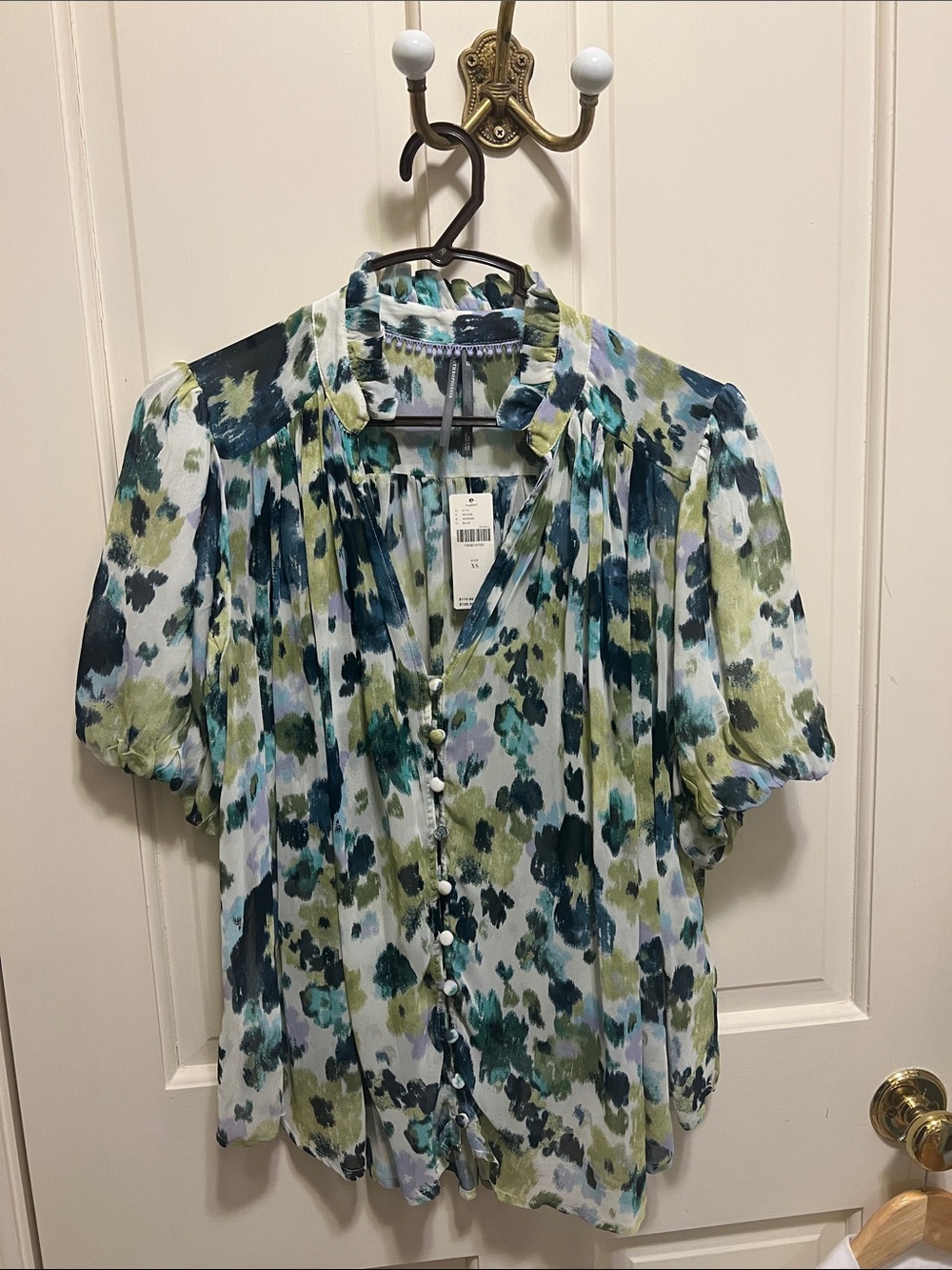Anthropologie Green and Blue Floral Button-Front Blouse